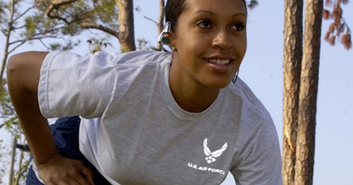 U.S, Air Force Woman wearing t-shirt with reflective logo